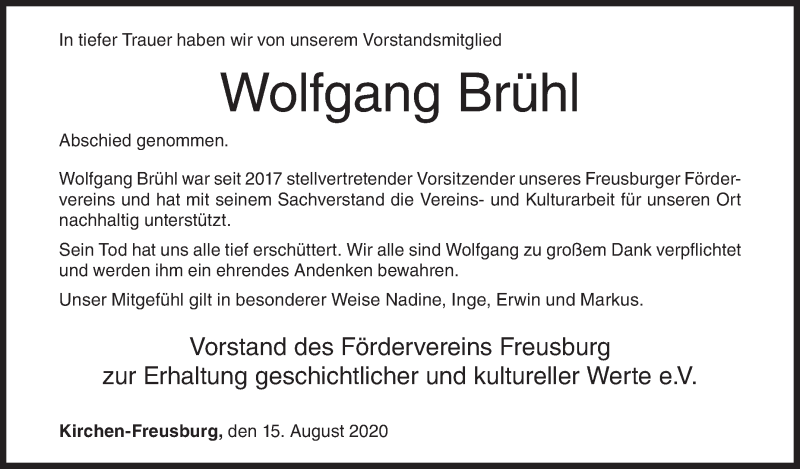  Traueranzeige für Wolfgang  Brühl vom 15.08.2020 aus Siegener Zeitung