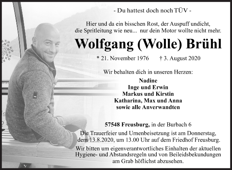  Traueranzeige für Wolfgang  Brühl vom 08.08.2020 aus Siegener Zeitung