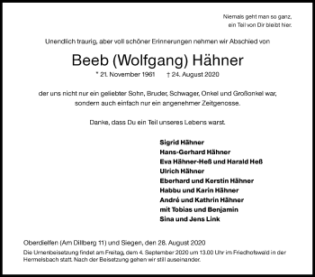 Traueranzeige von Wolfgang Hähner von Siegener Zeitung