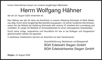 Traueranzeige von Wolfgang Hähner von Siegener Zeitung
