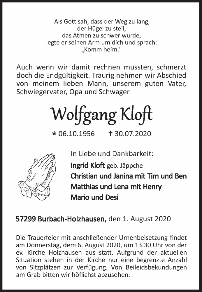  Traueranzeige für Wolfgang Kloft vom 01.08.2020 aus Siegener Zeitung