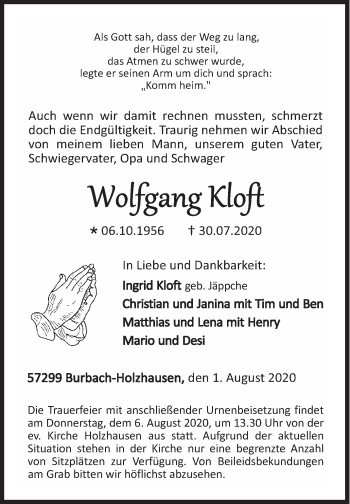 Traueranzeige von Wolfgang Kloft von Siegener Zeitung