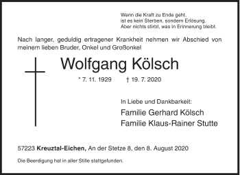 Traueranzeige von Wolfgang Kölsch von Siegener Zeitung