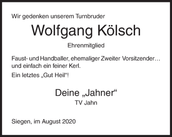 Traueranzeige von Wolfgang Kölsch von Siegener Zeitung