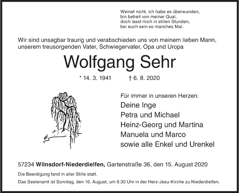  Traueranzeige für Wolfgang Sehr vom 15.08.2020 aus Siegener Zeitung