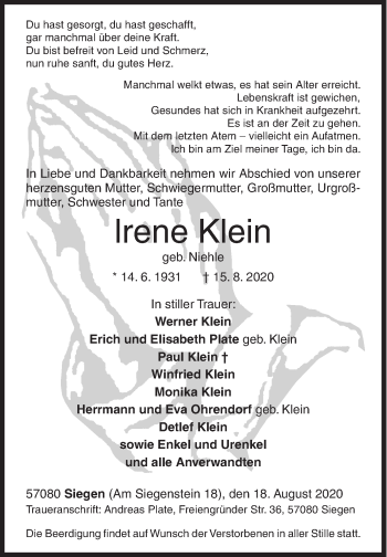 Traueranzeige von lrene Klein von Siegener Zeitung