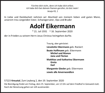 Traueranzeige von Adolf Eikermann von Siegener Zeitung