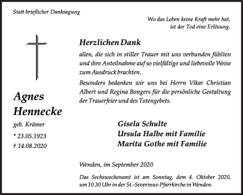 Traueranzeige von Agnes Hennecke von Siegener Zeitung
