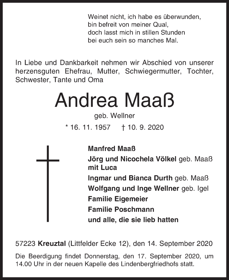  Traueranzeige für Andrea Maaß vom 14.09.2020 aus Siegener Zeitung