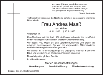 Traueranzeige von Andrea Maaß von Siegener Zeitung