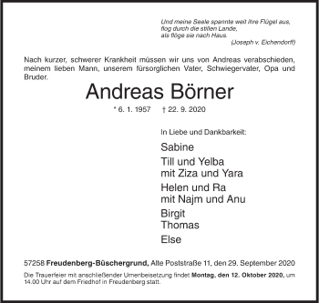 Traueranzeige von Andreas Börner von Siegener Zeitung