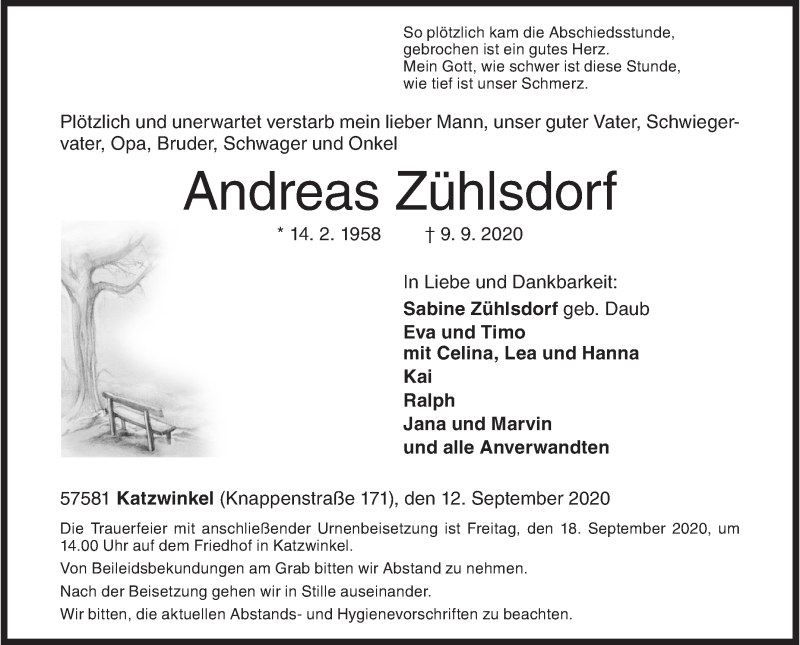  Traueranzeige für Andreas Zühlsdorf vom 12.09.2020 aus Siegener Zeitung