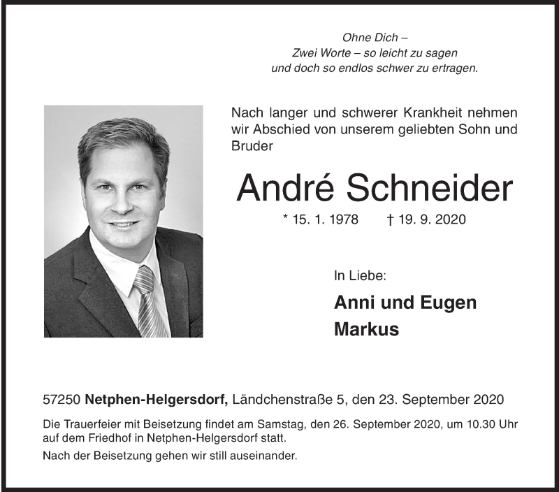  Traueranzeige für André Schneider vom 23.09.2020 aus Siegener Zeitung