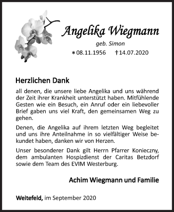 Traueranzeige von Angelika  Wiegmann von Siegener Zeitung