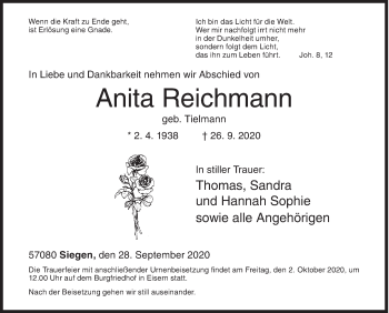 Traueranzeige von Anita Reichmann von Siegener Zeitung