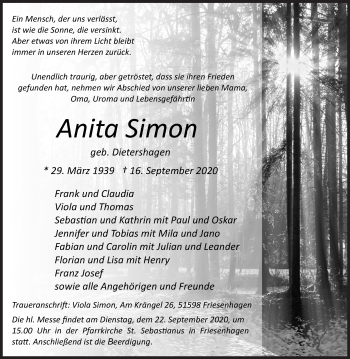 Traueranzeige von Anita Simon von Siegener Zeitung