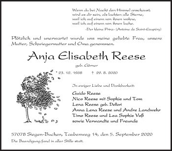 Traueranzeige von Anja Elisabeth Reese von Siegener Zeitung