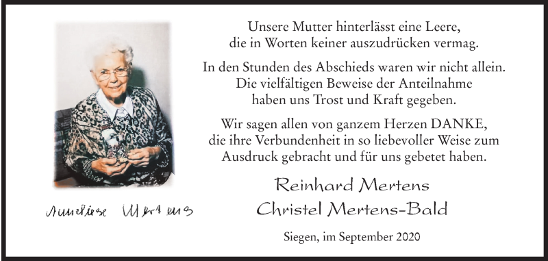  Traueranzeige für Anneliese Mertens vom 12.09.2020 aus Siegener Zeitung
