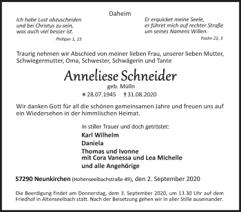 Traueranzeige von Anneliese Schneider von Siegener Zeitung