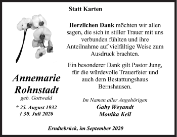 Traueranzeige von Annemarie Rohnstadt von Siegener Zeitung
