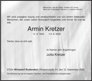Traueranzeige von Armin Kretzer von Siegener Zeitung
