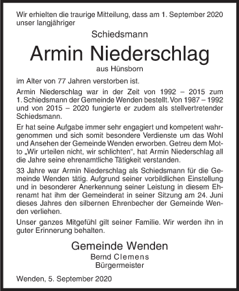 Traueranzeige von Armin Niederschlag von Siegener Zeitung
