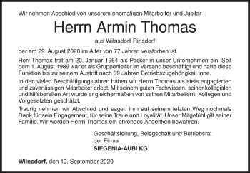 Traueranzeige von Armin Thomas von Siegener Zeitung