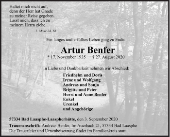 Traueranzeige von Artur Benfer von Siegener Zeitung