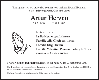 Traueranzeige von Artur Herzen von Siegener Zeitung