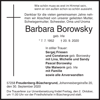 Traueranzeige von Barbara Borowsky von Siegener Zeitung