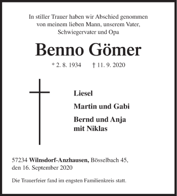 Traueranzeige von Benno Gömer von Siegener Zeitung