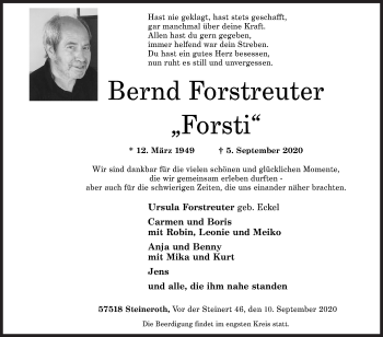 Traueranzeige von Bernd Forstreuter von Siegener Zeitung