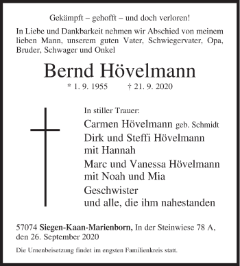 Traueranzeige von Bernd Hövelmann von Siegener Zeitung