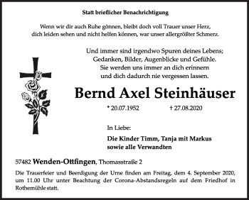 Traueranzeige von Bernd Axel Steinhäuser von Siegener Zeitung