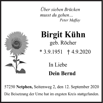 Traueranzeige von Birgit Kühn von Siegener Zeitung