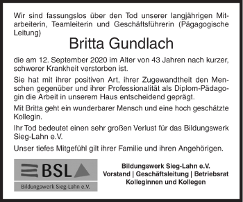 Traueranzeige von Britta Gundlach von Siegener Zeitung
