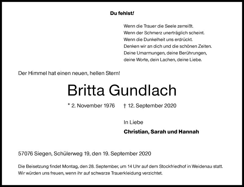  Traueranzeige für Britta Gundlach vom 19.09.2020 aus Siegener Zeitung