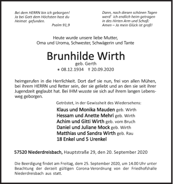 Traueranzeige von Brunhilde Wirth von Siegener Zeitung