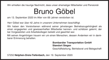 Traueranzeige von Bruno Göbel von Siegener Zeitung