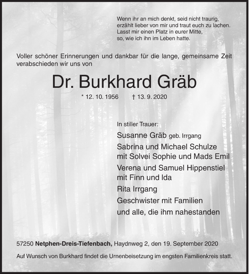  Traueranzeige für Burkhard Gräb vom 19.09.2020 aus Siegener Zeitung