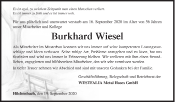 Traueranzeige von Burkhard Wiesel von Siegener Zeitung