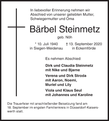 Traueranzeige von Bärbel Steinmetz von Siegener Zeitung