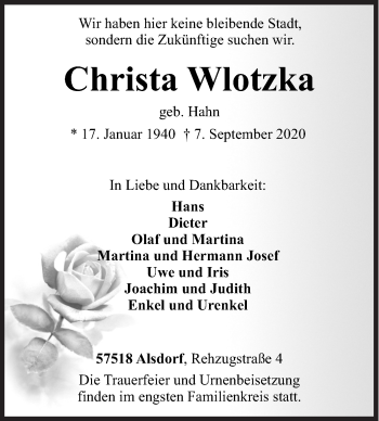 Traueranzeige von Christa Wlotzka von Siegener Zeitung
