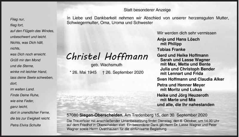  Traueranzeige für Christel Hoffmann vom 30.09.2020 aus Siegener Zeitung