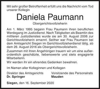 Traueranzeige von Daniela Paumann von Siegener Zeitung