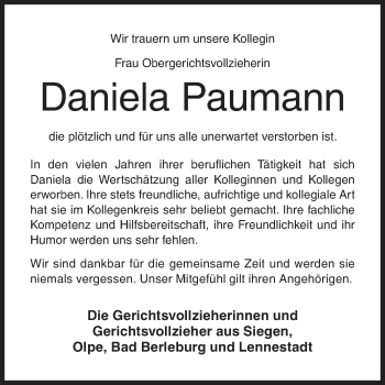 Traueranzeige von Daniela Paumann von Siegener Zeitung