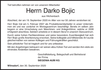 Traueranzeige von Darko Bojic von Siegener Zeitung