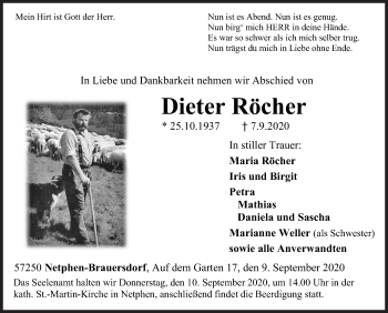 Traueranzeige von Dieter Röcher von Siegener Zeitung