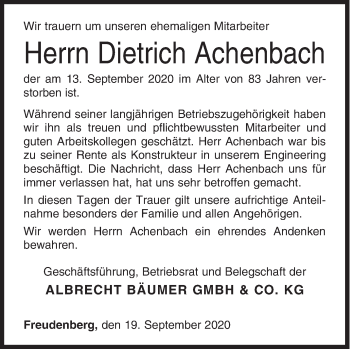 Traueranzeige von Dietrich Achenbach von Siegener Zeitung