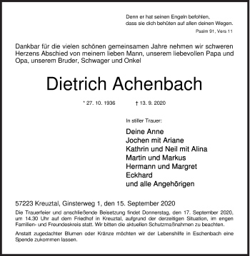 Traueranzeige von Dietrich Achenbach von Siegener Zeitung